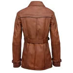Ladies Tan Classic Mid Length Leather Trench Coat Back