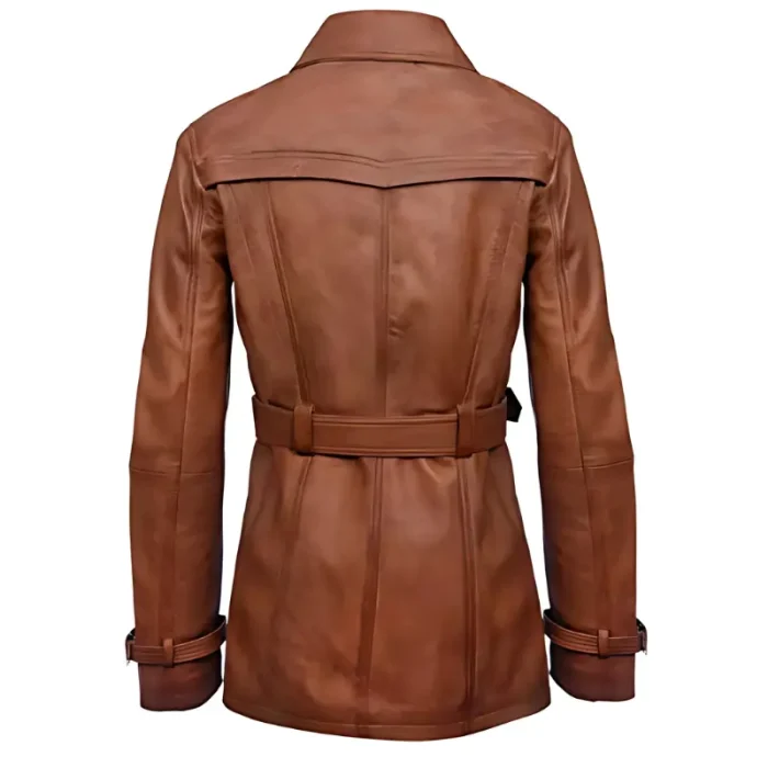 Ladies Tan Classic Mid Length Leather Trench Coat Back