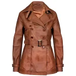 Ladies Tan Classic Mid Length Leather Trench Coat