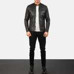 Men's Black Leather Biker Zip-Up Jacket Wearing Look
