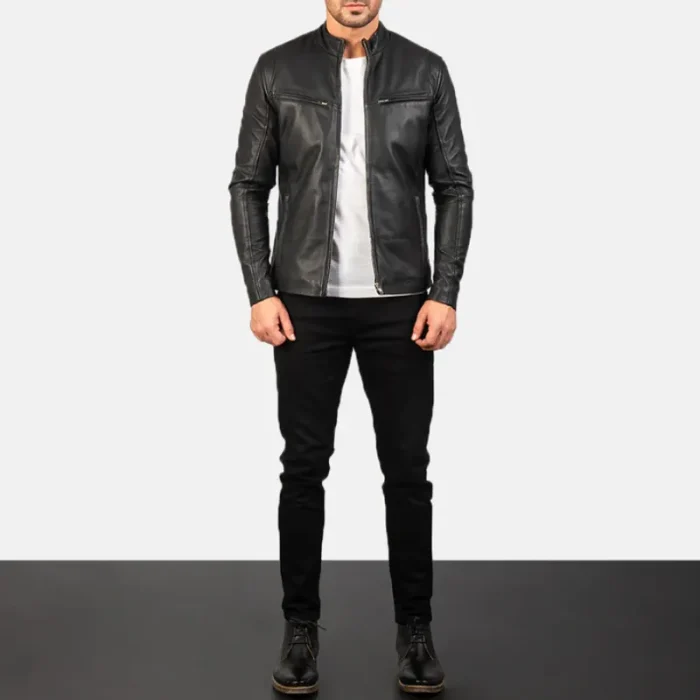Men'S Black Leather Biker Zip-Up Jacket Wearing Look