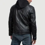 Men's Black Bomber Hooded Leather Jacket Back View