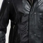 Men's Black Bomber Hooded Leather Jacket Close