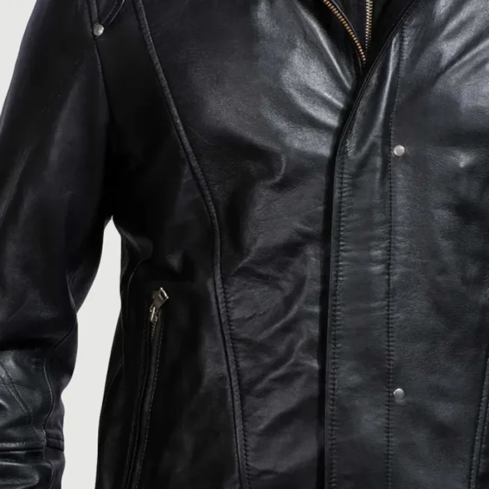 Men'S Black Bomber Hooded Leather Jacket Close