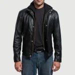 Men's Black Leather Layered Hooded Bomber Jacket