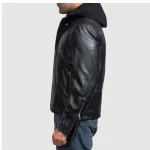 Men's Black Bomber Hooded Leather Jacket Side