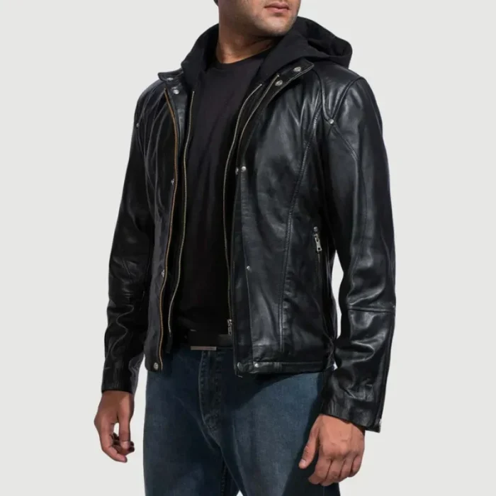 Men'S Black Bomber Hooded Leather Jacket Side View