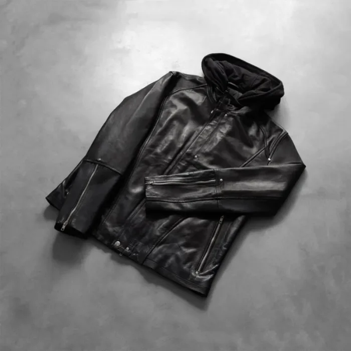 Men'S Black Bomber Hooded Leather Jacket View
