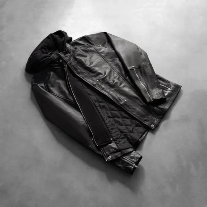Men'S Black Bomber Hooded Leather Jacket View
