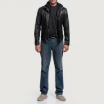 Men's Black Bomber Hooded Leather Jacket Wearing look