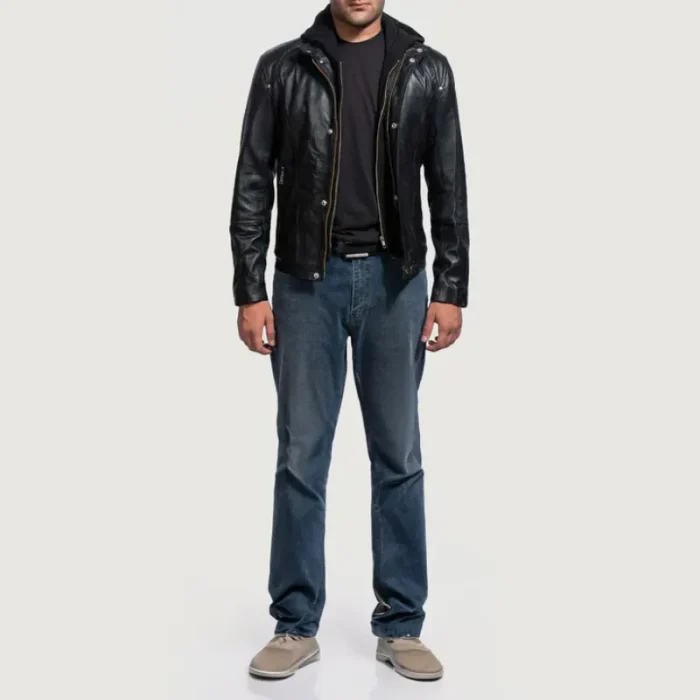 Men'S Black Bomber Hooded Leather Jacket Wearing Look