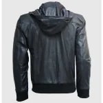 Men's Black Bomber Leather Zip-Up Hoodie Jacket Back