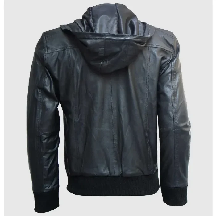 Men'S Black Bomber Leather Zip-Up Hoodie Jacket Back