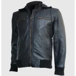 Men's Black Real Leather Zip-Up Hooded Bomber Jacket