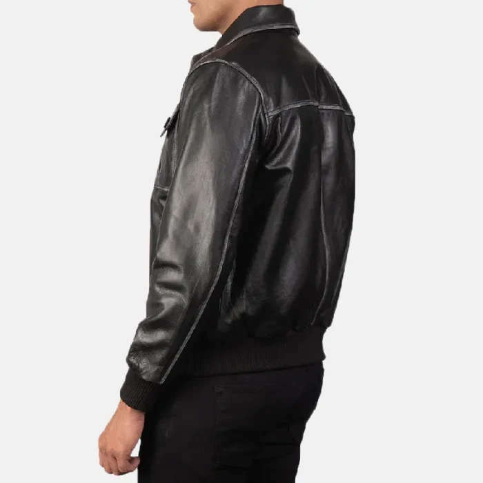 Men'S Black Bomber Leather Zip-Up Jacket Back