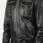 Men's Black Bomber Leather Zip-Up Jacket Close View