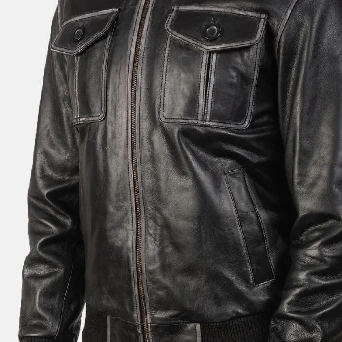 Men'S Black Bomber Leather Zip-Up Jacket Close View