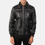 Men's Black Bomber Leather Zip-Up Jacket Front View