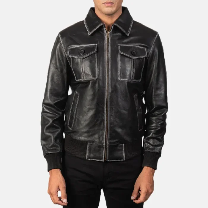Men'S Black Bomber Leather Zip-Up Jacket Front View