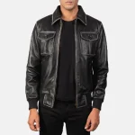 Men's Black Bomber Leather Zip-Up Jacket