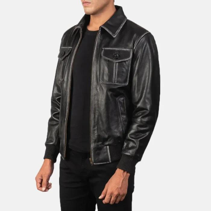 Men'S Black Bomber Leather Zip-Up Jacket Side