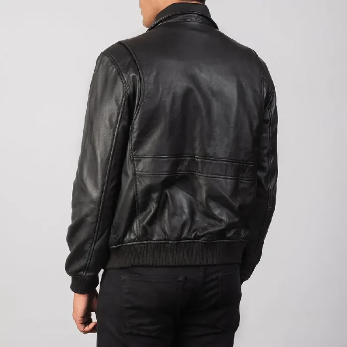 Men'S Black Bomber Zip-Up Leather Jacket Back