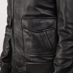Men's Black Bomber Zip-Up Leather Jacket Close View