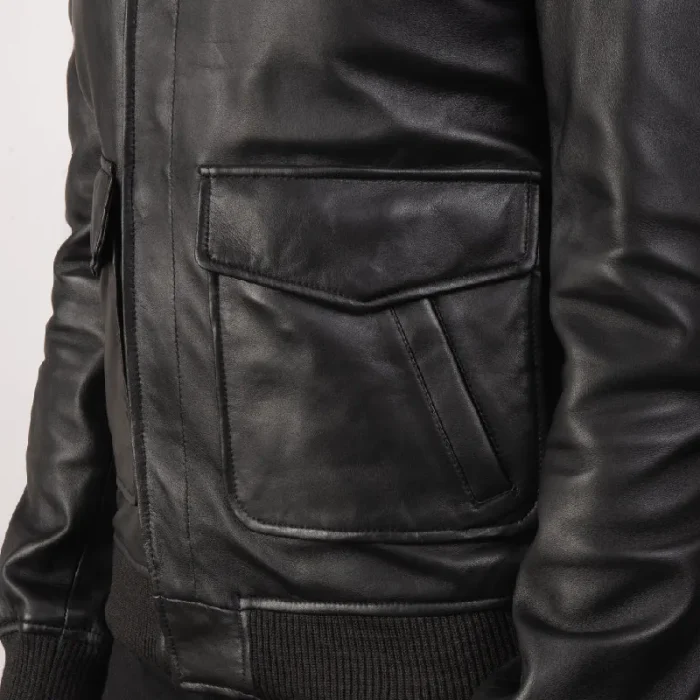 Men'S Black Bomber Zip-Up Leather Jacket Close View