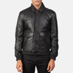 Men's Black Bomber Zip-Up Leather Jacket Front