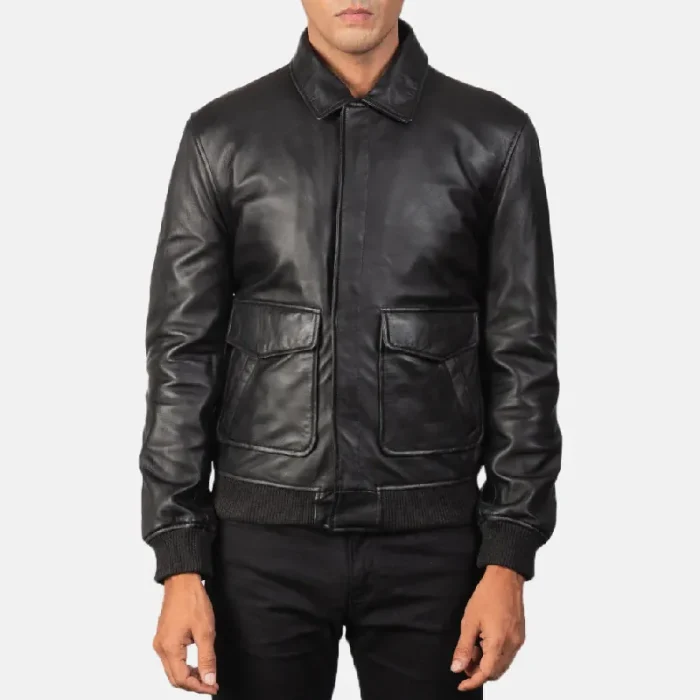 Men'S Black Bomber Zip-Up Leather Jacket Front