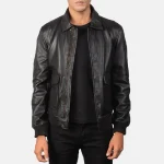 Men's Black Leather Bomber Jacket With Ribbed Cuffs