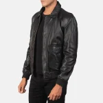 Men's Black Bomber Zip-Up Leather Jacket Side View
