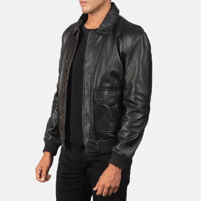 Men'S Black Bomber Zip-Up Leather Jacket Side View