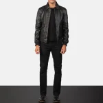 Men's Black Bomber Zip-Up Leather Jacket Wearing Look