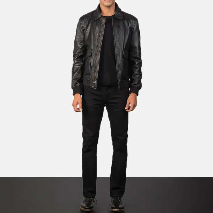Men'S Black Bomber Zip-Up Leather Jacket Wearing Look