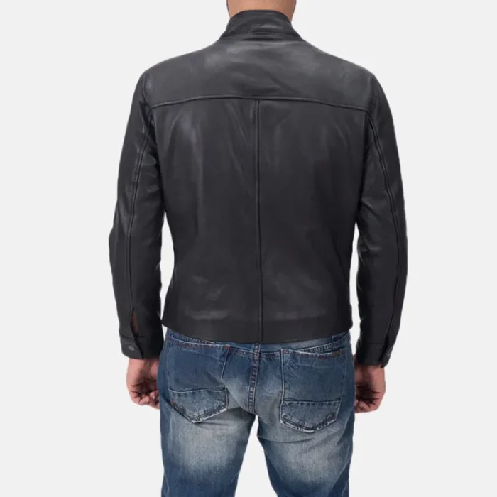 Men'S Black Calfskin Leather Biker Jacket Back View