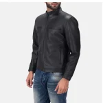 Men's Black Calfskin Leather Biker Jacket Side View