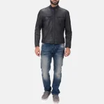 Men's Black Calfskin Leather Biker Jacket Wearing look
