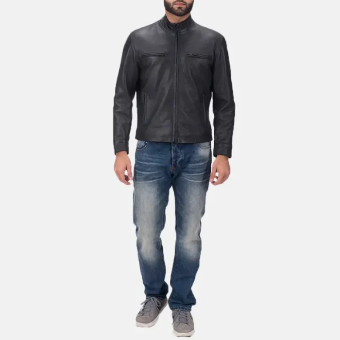 Men'S Black Calfskin Leather Biker Jacket Wearing Look