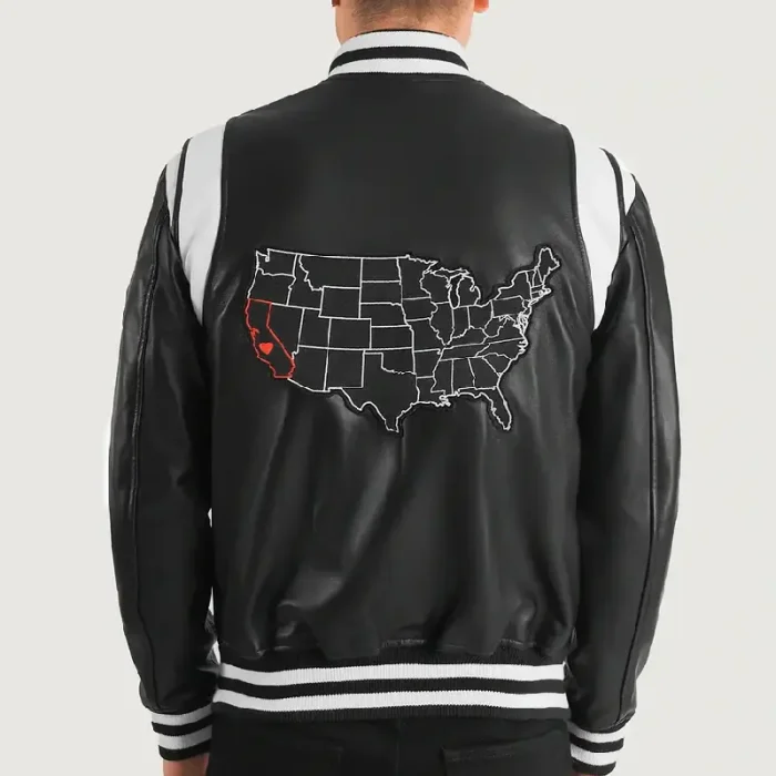 Men'S Black/White Leather California Varsity Jacket Back