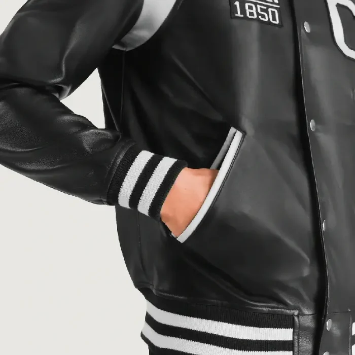Men'S Black/White Leather California Varsity Jacket Close Up