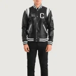 Men's Black/White Leather California Varsity Jacket Front