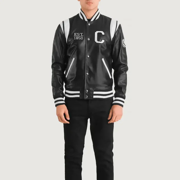 Men'S Black/White Leather California Varsity Jacket Front