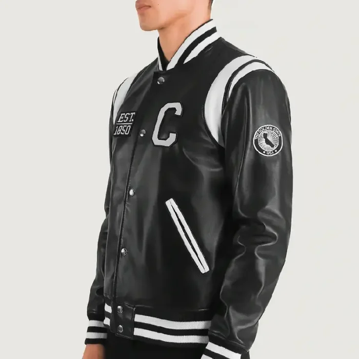 Men'S Black/White Leather California Varsity Jacket Side
