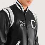 Men's Black/White Leather California Varsity Jacket Snap Button