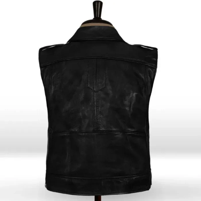 Men'S Black Classic Leather Motorcycle Biker Vest Back View