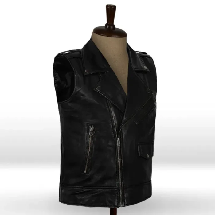 Men'S Black Classic Leather Motorcycle Biker Vest Side View
