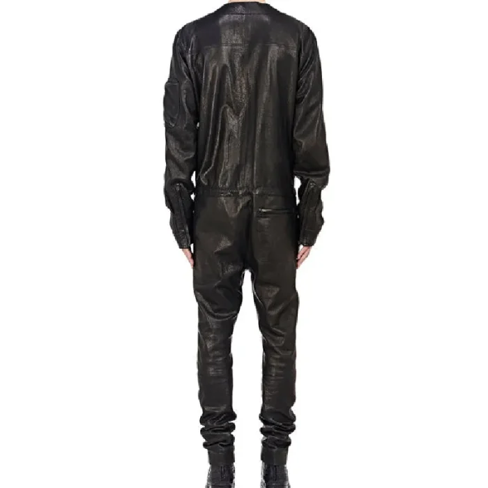 Men'S Black Cool Style Shirt Look Leather Jumpsuit Back