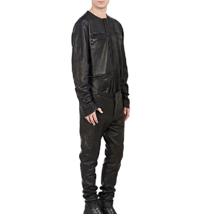Men'S Black Cool Style Shirt Look Leather Jumpsuit Side