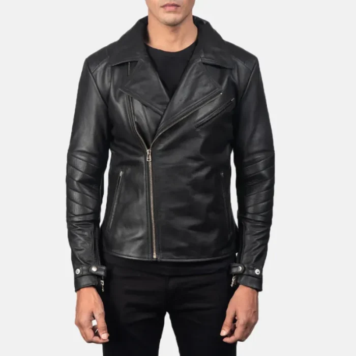 Men'S Raiden Black Leather Biker Jacket Front
